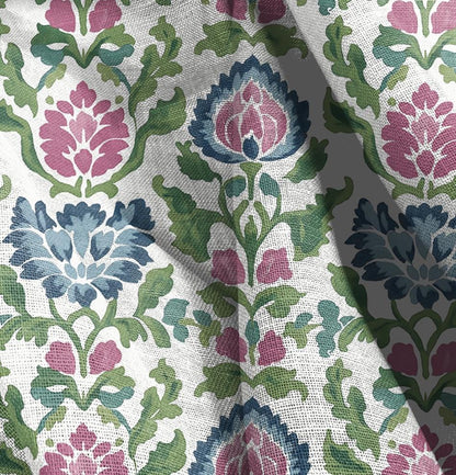 100% LINEN Fabric floral print on linen, Botanical fabric with large flowers in pink blue green for upholstery curtains home textile 2646