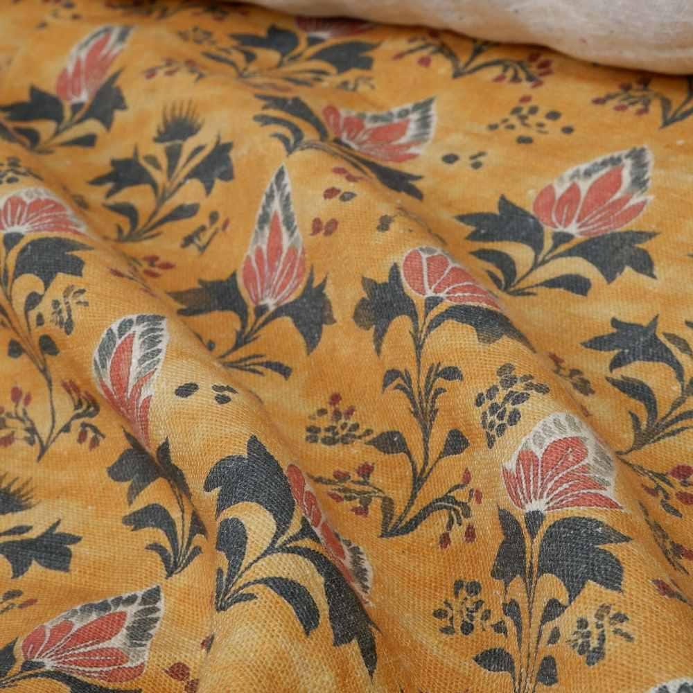 100% LINEN Fabric block print in mustard yellow - linen fabric floral print - light upholstery home decor dressmaking sewing 2079