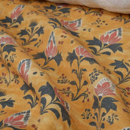 100% LINEN Fabric block print in mustard yellow - linen fabric floral print - light upholstery home decor dressmaking sewing 2079