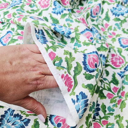 100% LINEN Fabric floral print on linen - Bright Botanical fabric large flowers pink blue green for upholstery curtains home textile 2646B