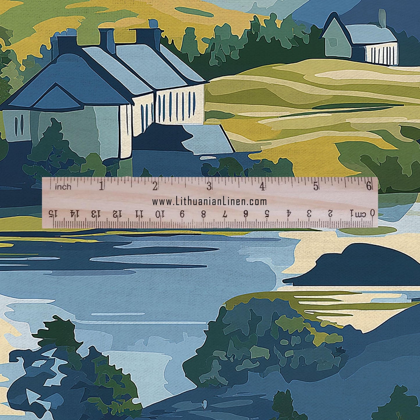 100% LINEN Fabric Countryside scenery -landscape linen fabric with green print - heavy linen fabric for upholstery home decor 2907