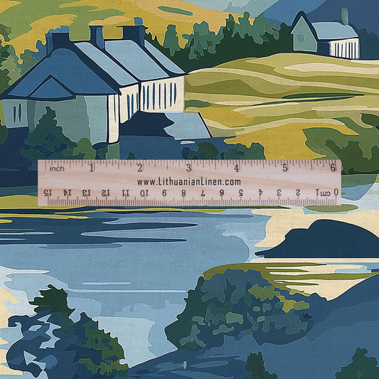 100% LINEN Fabric Countryside scenery -landscape linen fabric with green print - heavy linen fabric for upholstery home decor 2907