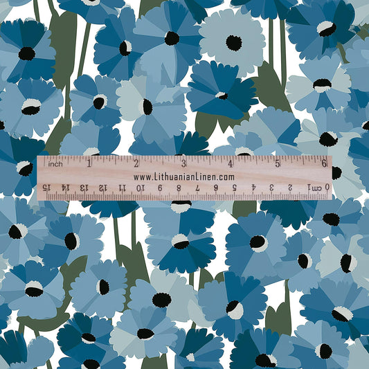 100% LINEN Fabric finnish ruiskukka blue green floral print - modern vintage Cornflower fabric for upholstery or home decor 2826