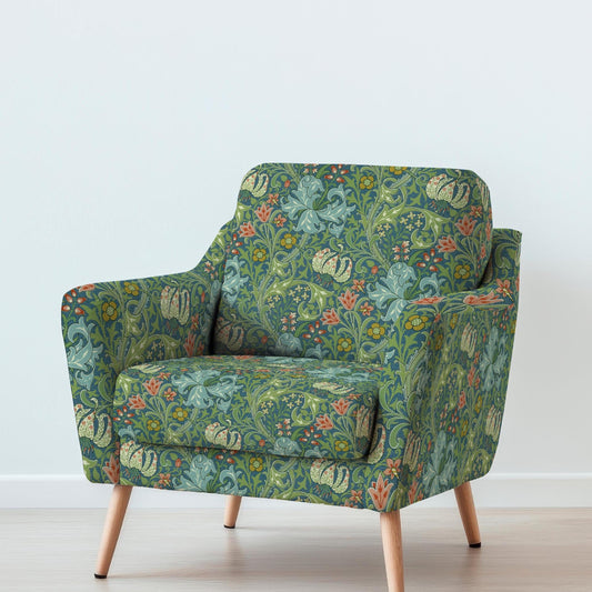 100% LINEN Fabric UPHOLSTERY 12oz - William Morris Golden lily green print on linen - Victorian art craft - floral upholstery 2052L