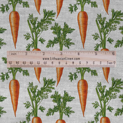 100% LINEN Fabric carrots print - botanical orange green print on oatmeal linen for home decor sewing dress clothing 2371