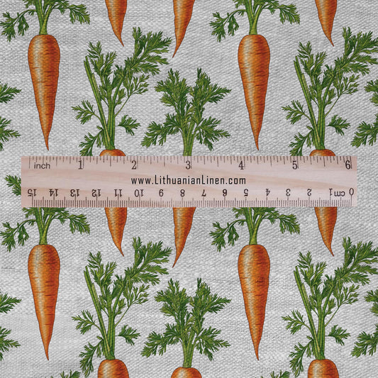 100% LINEN Fabric carrots print - botanical orange green print on oatmeal linen for home decor sewing dress clothing 2371