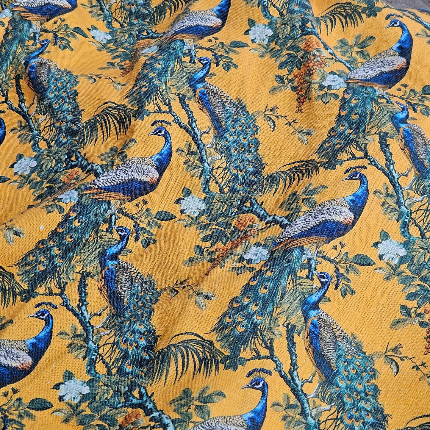 100% LINEN Fabric oriental print with peacock - toile de jouy botanical mustard yellow - upholstery home decor clothing  sewing 316