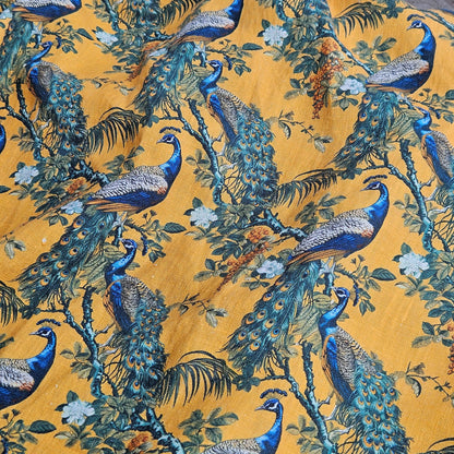 100% LINEN Fabric oriental print with peacock - toile de jouy botanical mustard yellow - upholstery home decor clothing  sewing 316