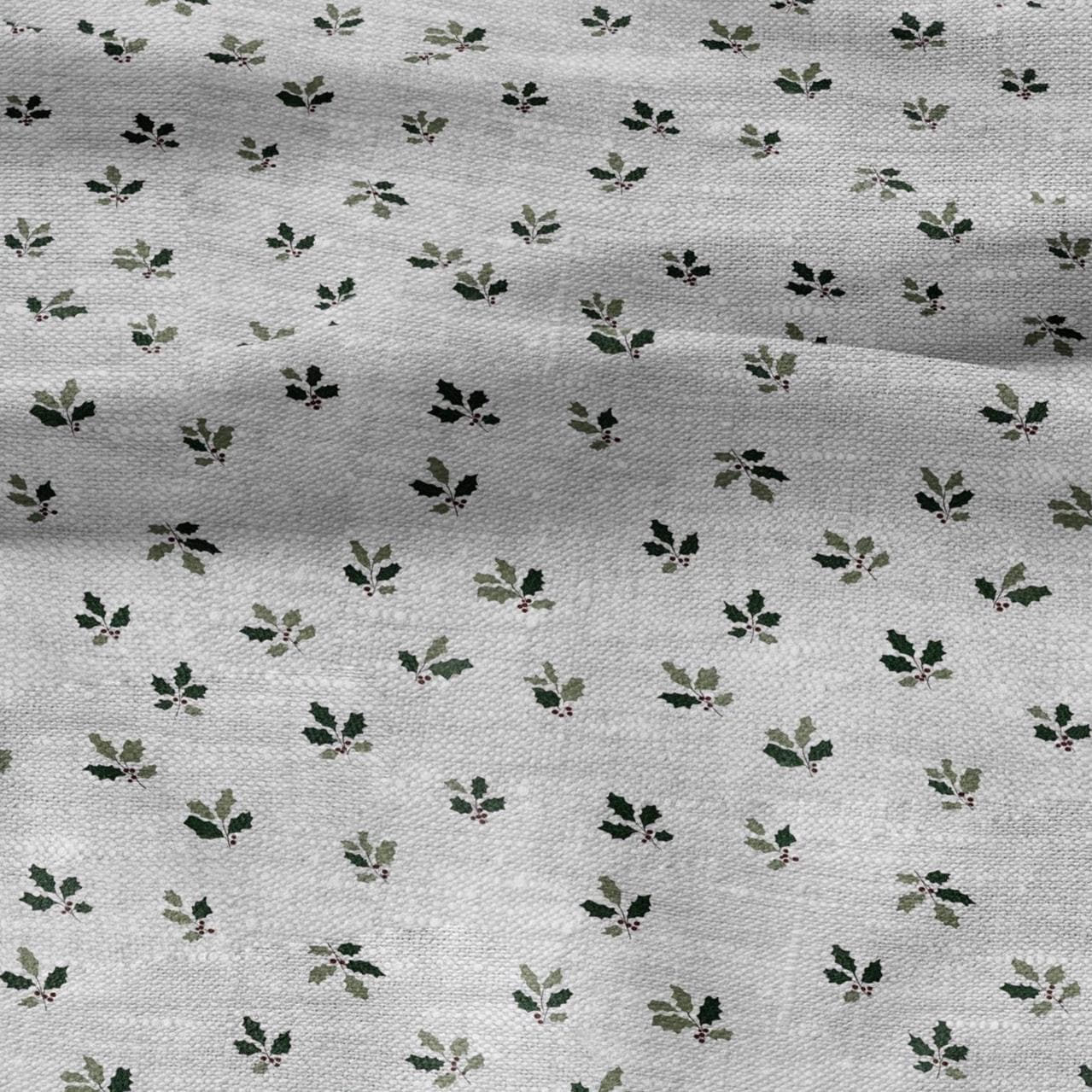100% LINEN Fabric Green leaves on grey - oatmeal linen fabric with botanical print for upholstery home decor 3094