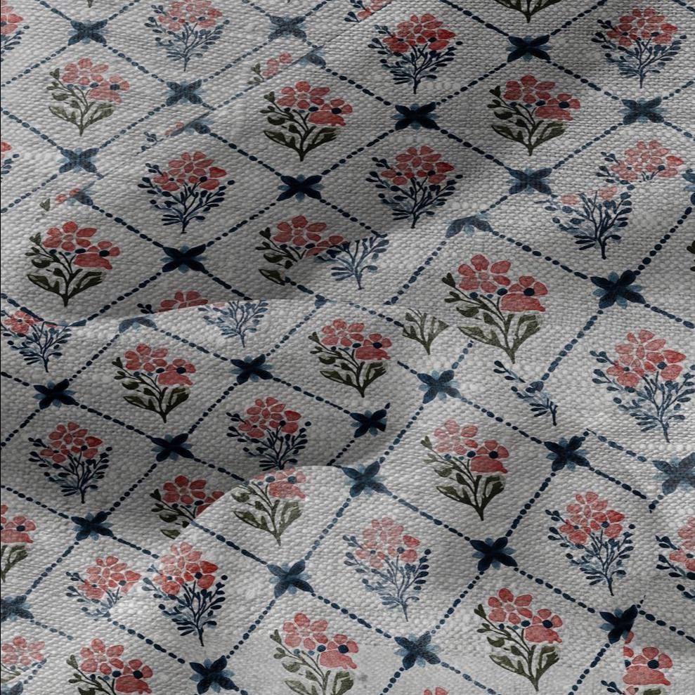 100% LINEN Fabric Rhomb trellis floral geometric print - oatmeal linen fabric botanical - heavy for home decor clothing 3093
