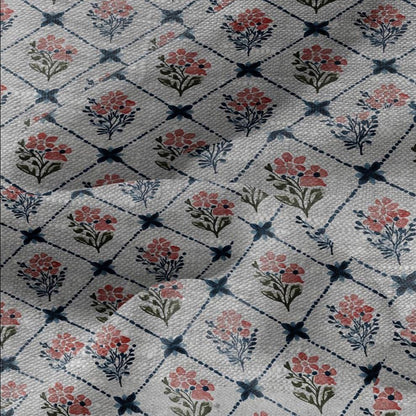 100% LINEN Fabric Rhomb trellis floral geometric print - oatmeal linen fabric botanical - heavy for home decor clothing 3093