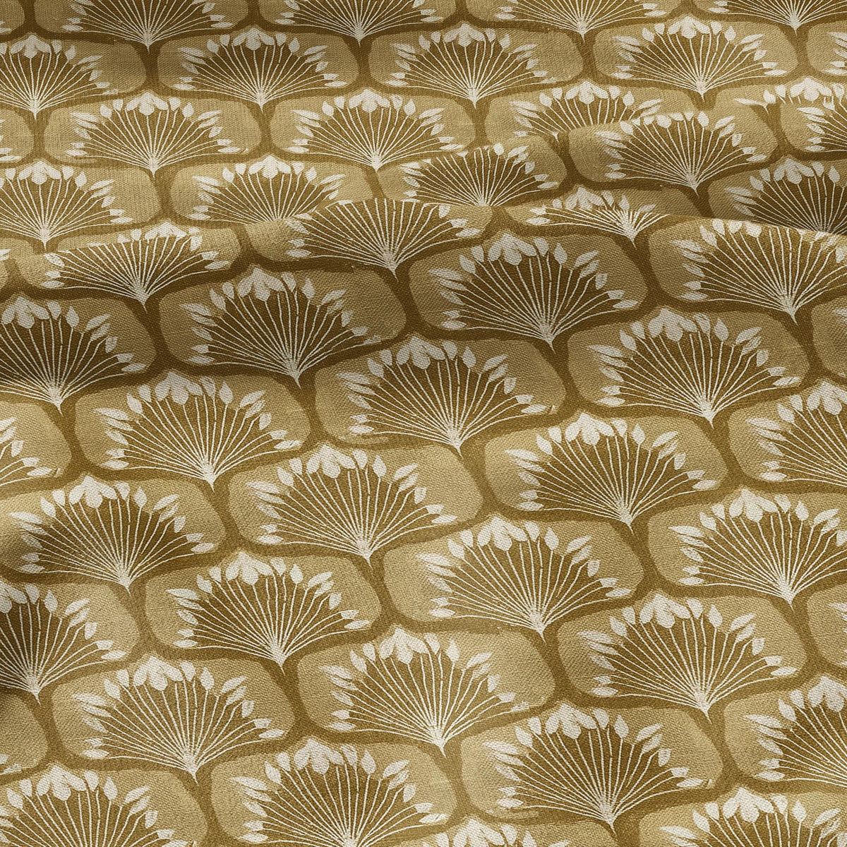 100% linen fabric retro mustard print - Mid-century botanical / 1970s Scandinavian-inspired floral 33799