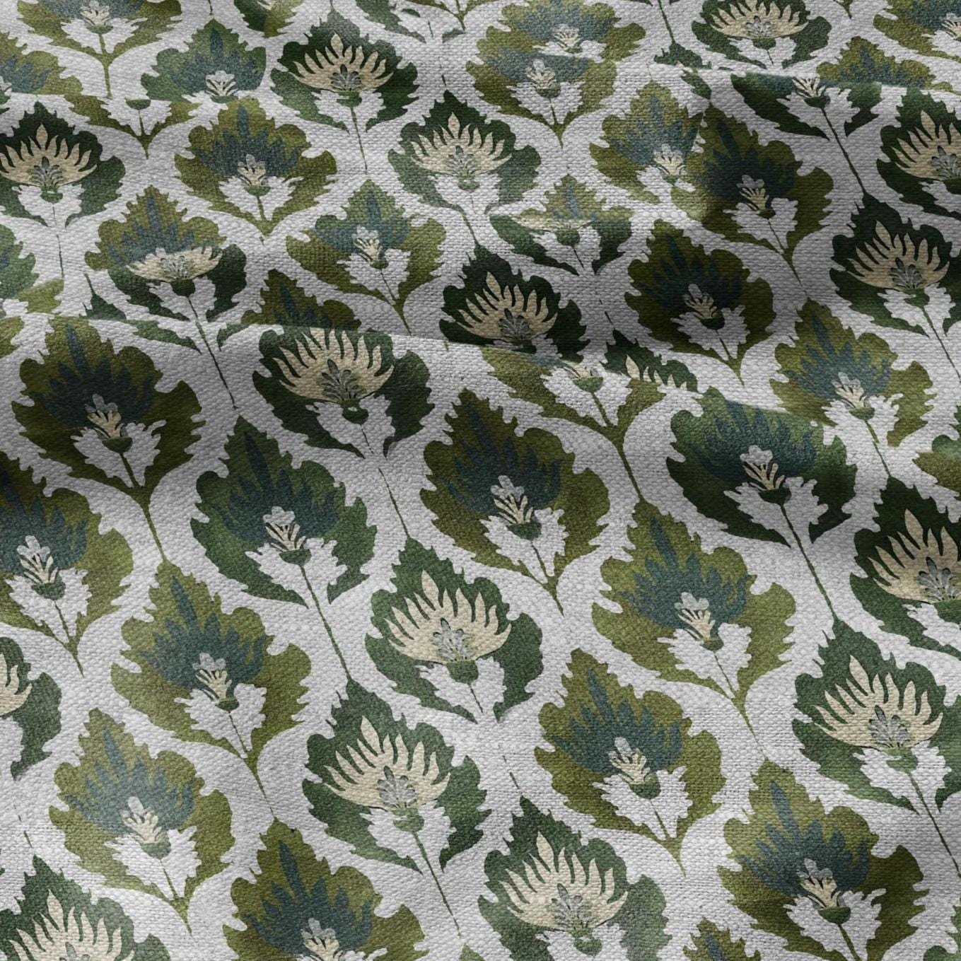 100% LINEN Fabric Floral Ikat green print -abstract floral on oatmeal linen 3128