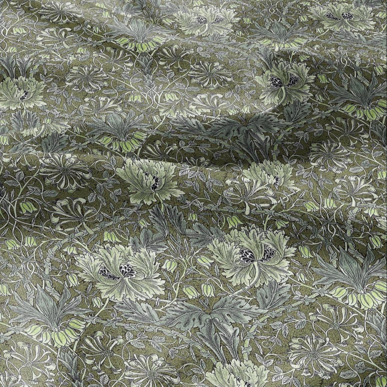 100% linen fabric William Morris Honeysuckle green print - Victorian Art crafts Historical pattern fabric upholstery dress making 3286