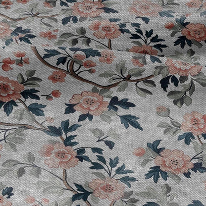 100% LINEN Fabric print Pink flower blossom print - oatmeal linen fabric floral botanical - heavy for home decor clothing 2750