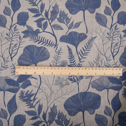 100% LINEN Fabric BLUE floral leaves print 2218
