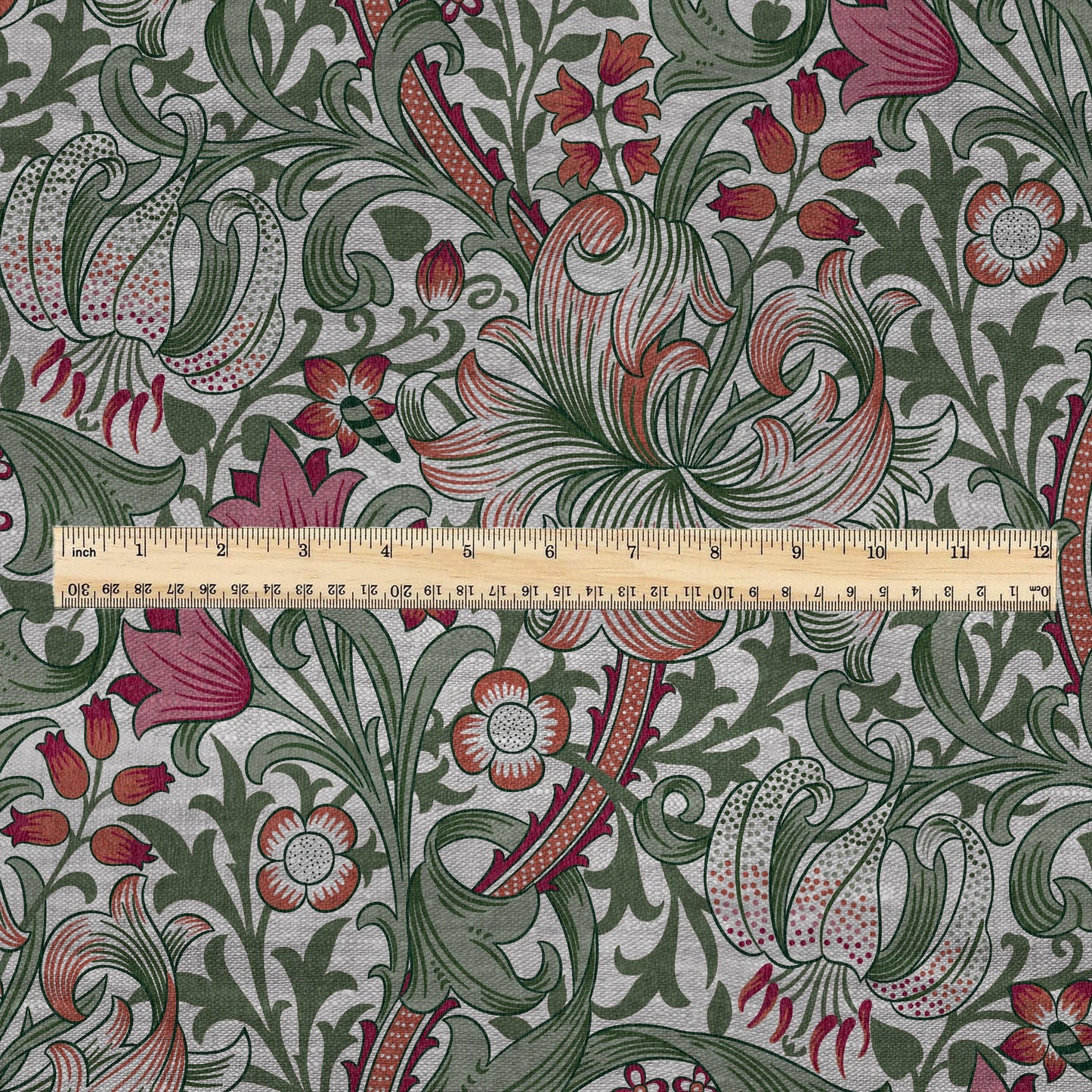 100% LINEN Fabric William Morris Golden Lily - oatmeal linen fabric with botanical print - Victorian Art Craft Historical green red 3230