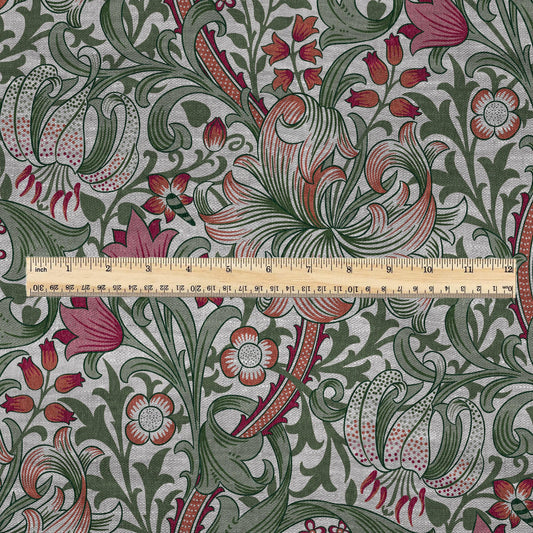 100% LINEN Fabric William Morris Golden Lily - oatmeal linen fabric with botanical print - Victorian Art Craft Historical green red 3230