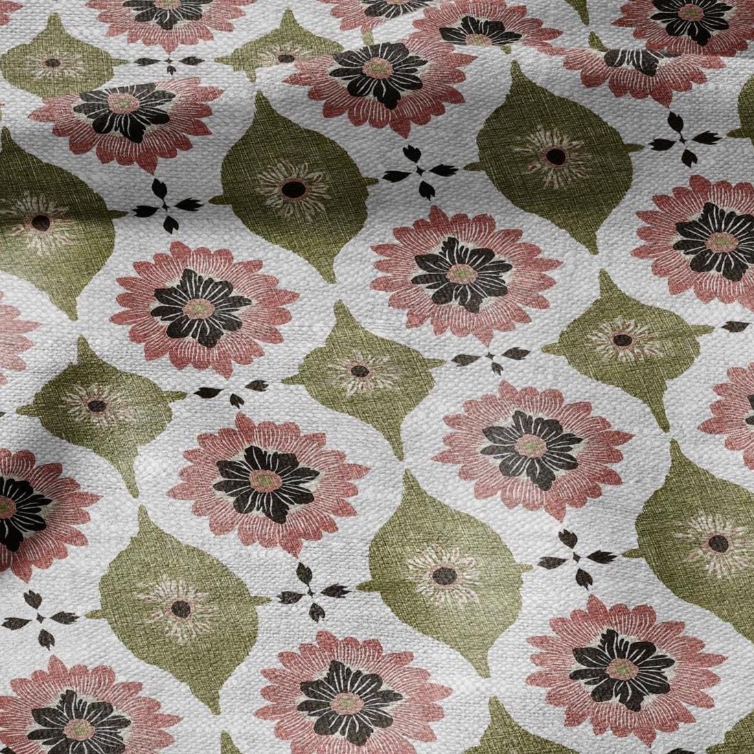 100% LINEN Fabric Retro naive flower print - green pink gray  - for upholstery home decor - medium for dress making 2908