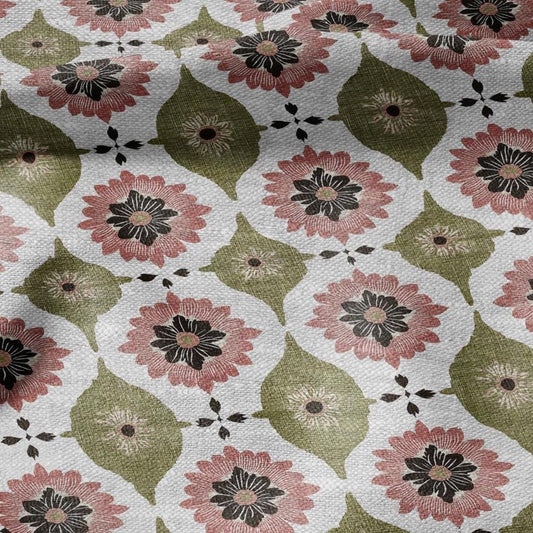 100% LINEN Fabric Retro naive flower print - green pink gray  - for upholstery home decor - medium for dress making 2908