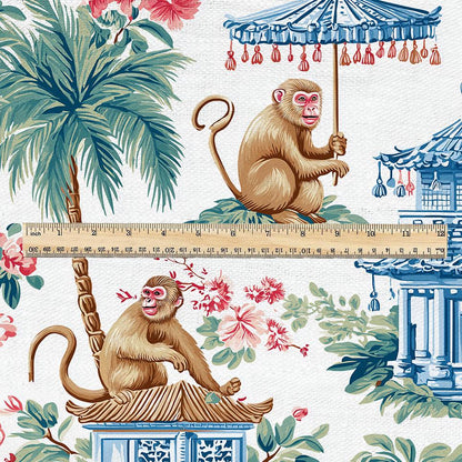 100% linen fabric Monkey with umbrella print - Vintage toile de jouy chinoiserie botanical  - Historical pagoda garden 3338