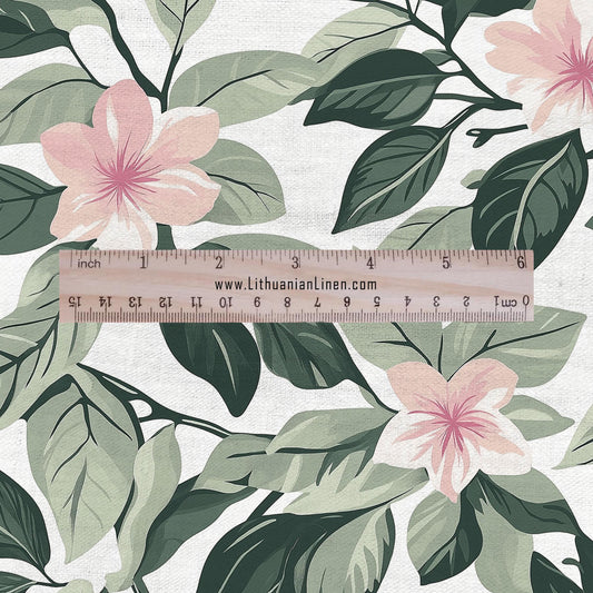 100% LINEN Fabric pink flowers - floral greenery Fabric by Yard by LithuanianLinen for upholstery dressmaking curtains home textile 2032