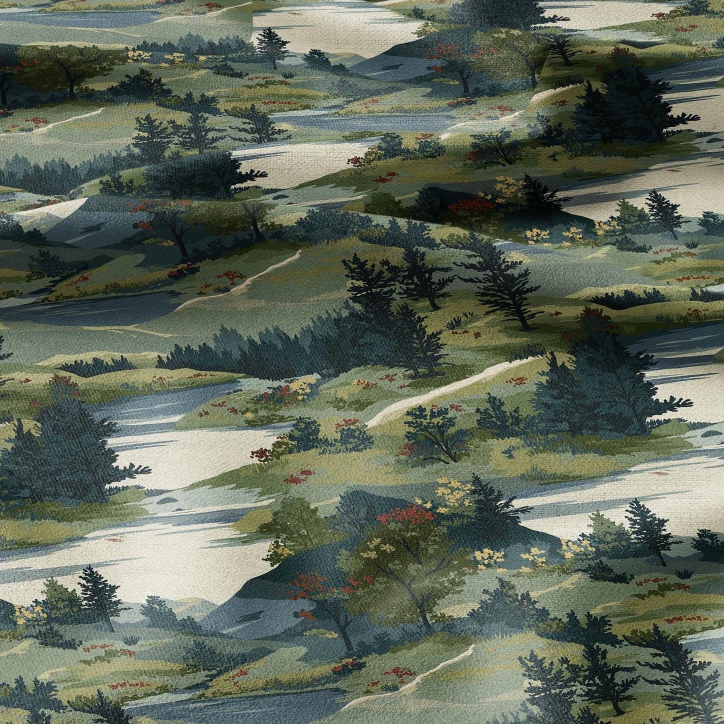 100% LINEN Fabric Scandinavian forest scenery - greenlandscape print - heavy linen fabric for upholstery home decor tablecloth 2921