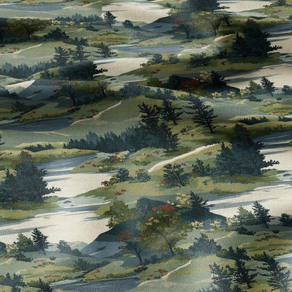 100% LINEN Fabric Scandinavian forest scenery - greenlandscape print - heavy linen fabric for upholstery home decor tablecloth 2921