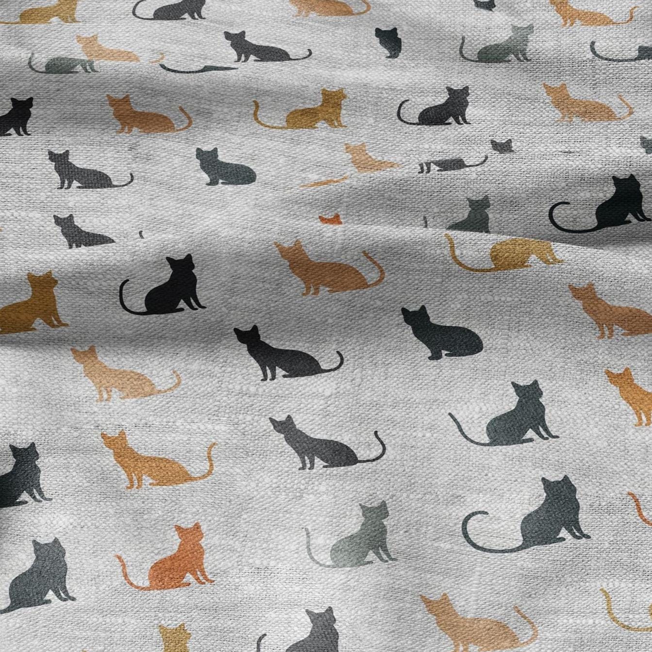 100% LINEN Fabric Block print Cats - oatmeal linen fabric with animal print - heavy for home decor clothing 2136