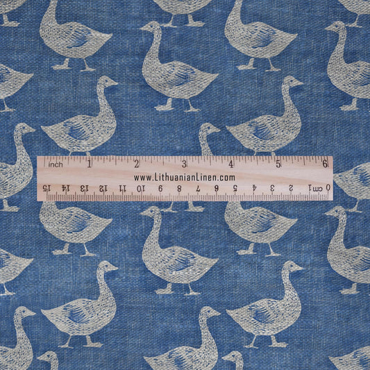 100% LINEN fabric blue goose print - Animal print linen Fabric - Bird Linen fabric for dressmaking home textile sewing hobby 2693