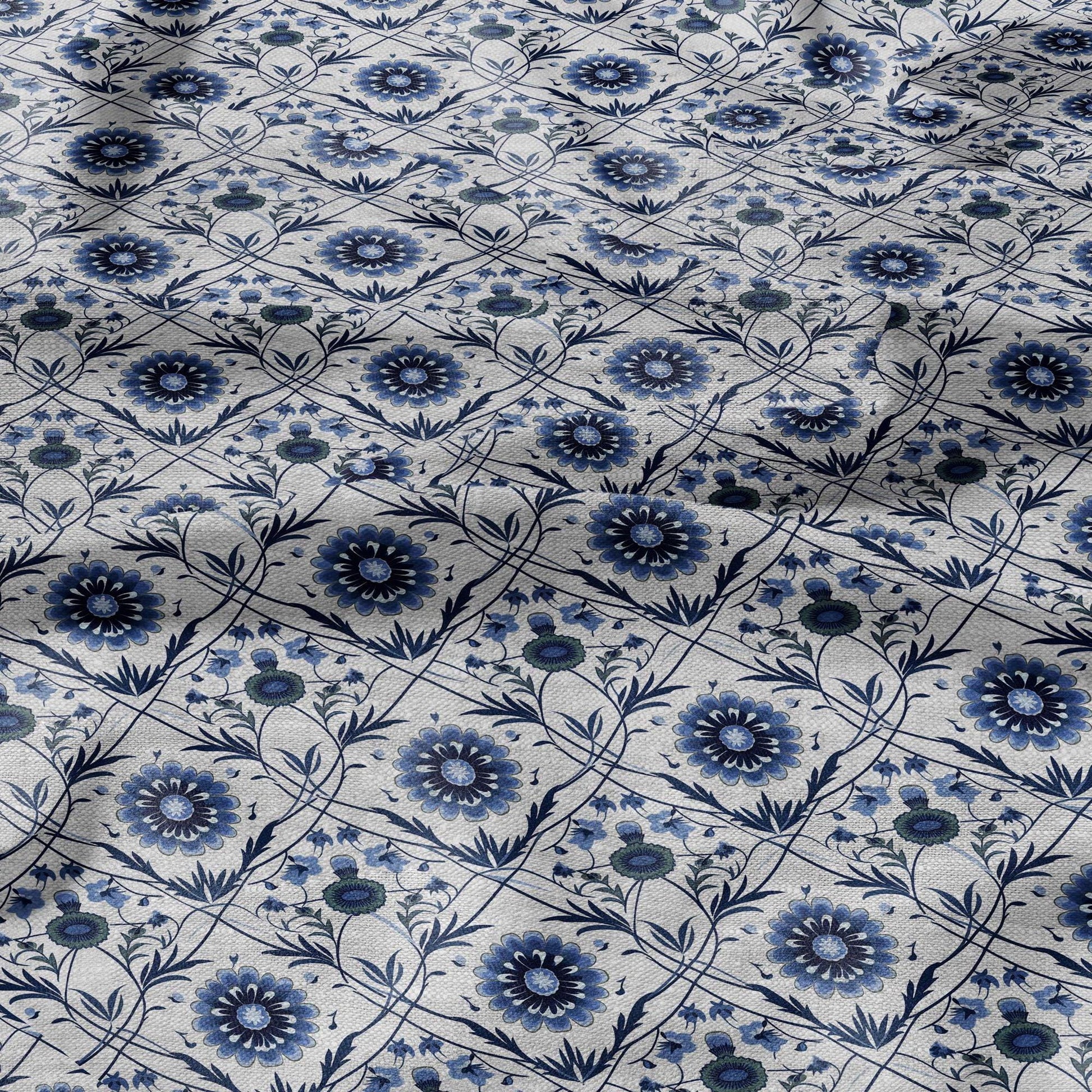 100% LINEN Fabric block print - linen fabric with blue white floral print - heavy linen fabric for upholstery home decor
