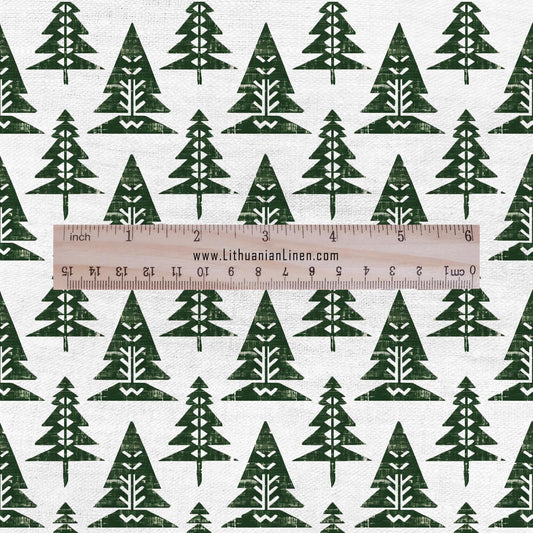 100% LINEN Fabric Fir tree  - modern green white fabric - heavy linen fabric for upholstery home decor 2845