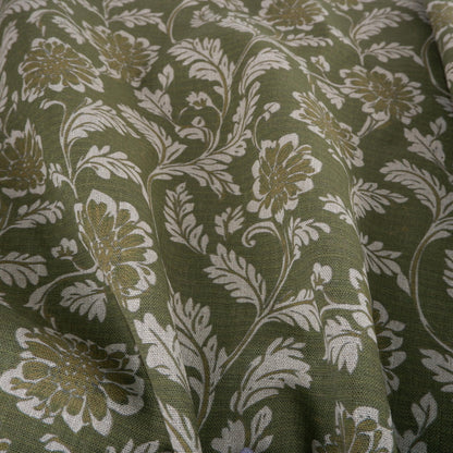 100% LINEN Fabric green floral block print on oatmeal natur linen - botanical greenery toile de jouy fabric, French linen floral upholstery
