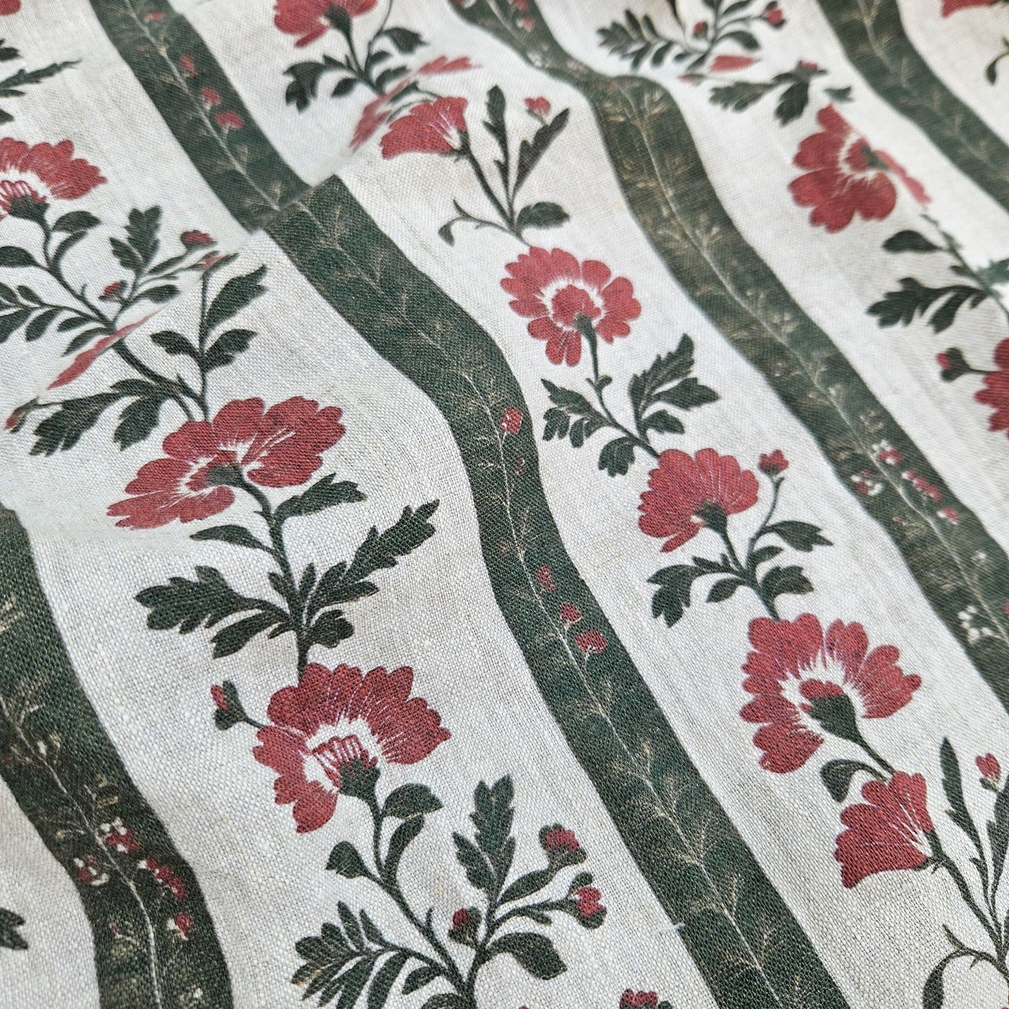 100% LINEN Fabric floral stripe block print on oatmeal linen - green red gray heavy fabric for upholstery - medium weight linen dress making