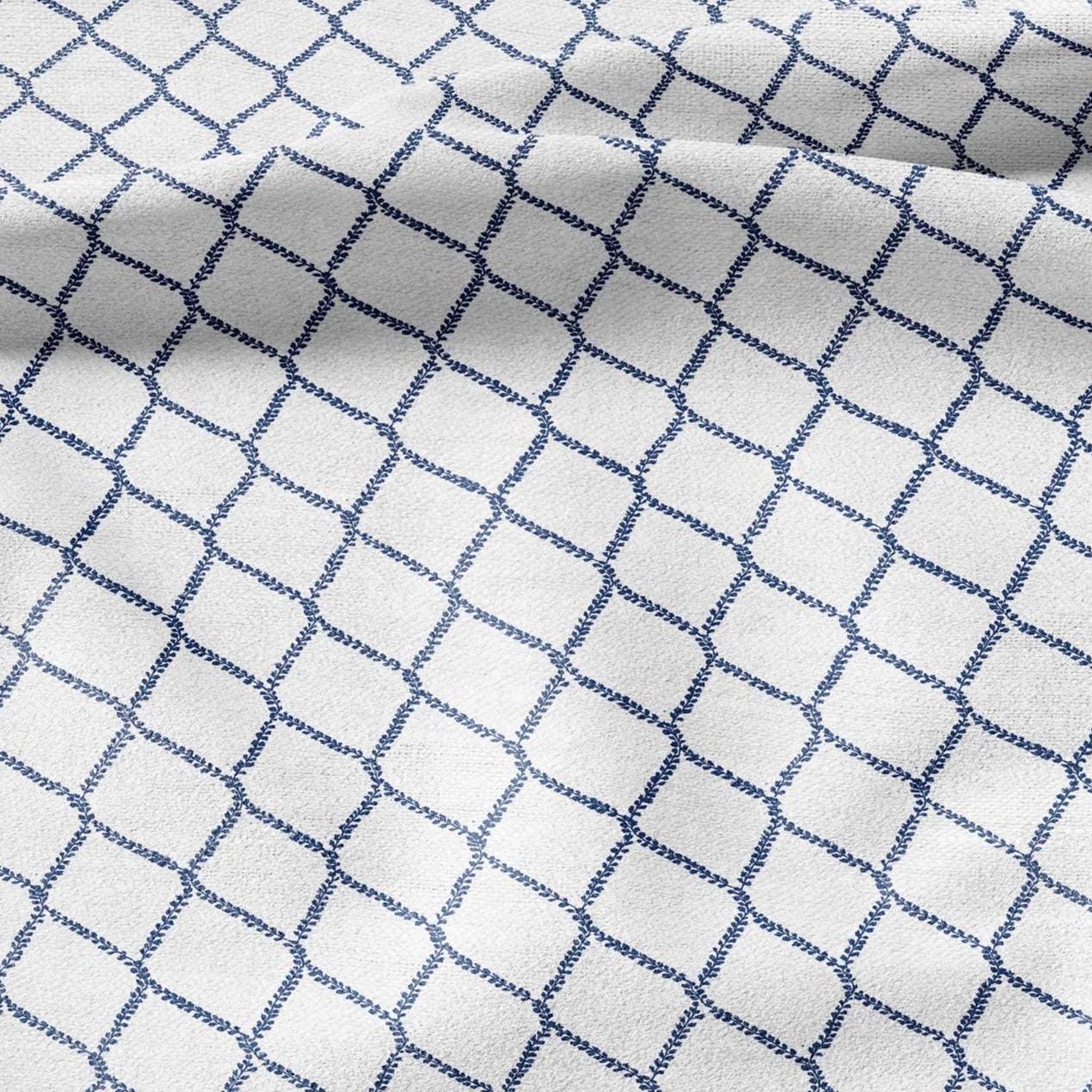 100% LINEN Fabric Herritage trellis print - Grandmillennial Modern vintage blue - upholstery curtains dress making 2949