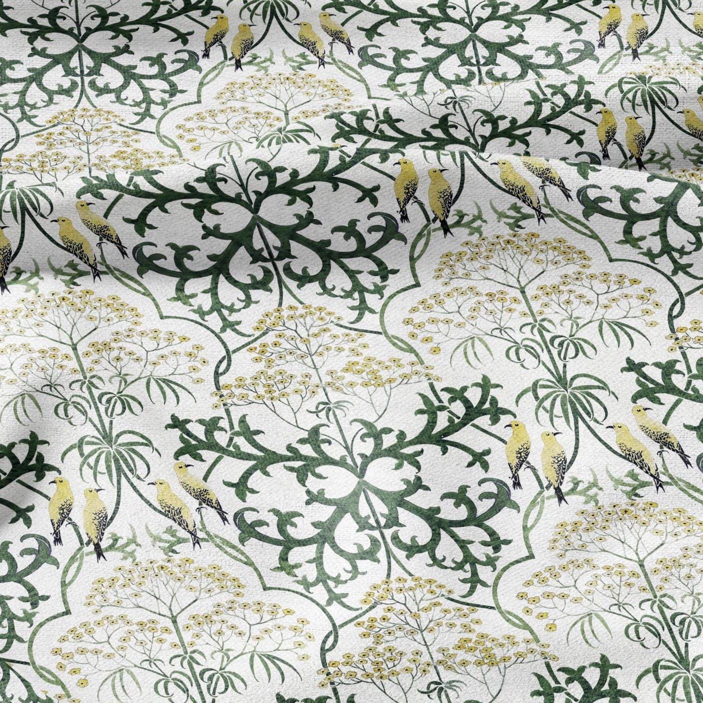 100% linen fabric - Yellow Birds in tansy field by Voysey - Victorian Art crafts - Historical pattern home decor dress making 3003