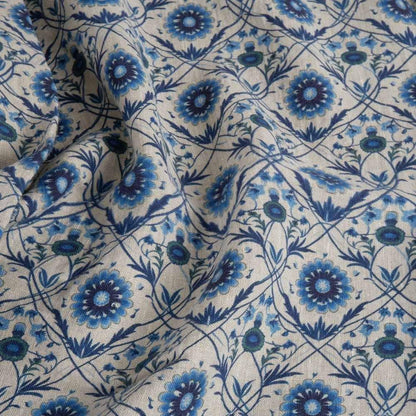 100% LINEN Fabric block print - linen with blue floral print on oatmeal - heavy linen fabric for light upholstery home decor sewing 2324