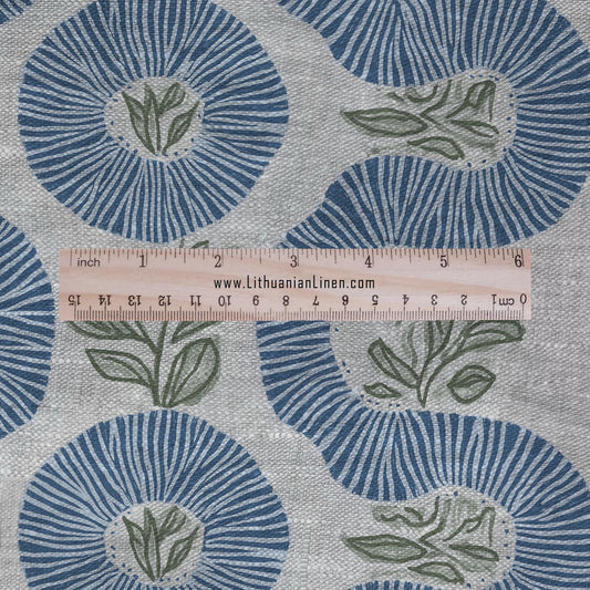 100% LINEN Fabric Squirl stripe white blue green floral print - modern vintage vegetable fabric for upholstery or home decor 2952