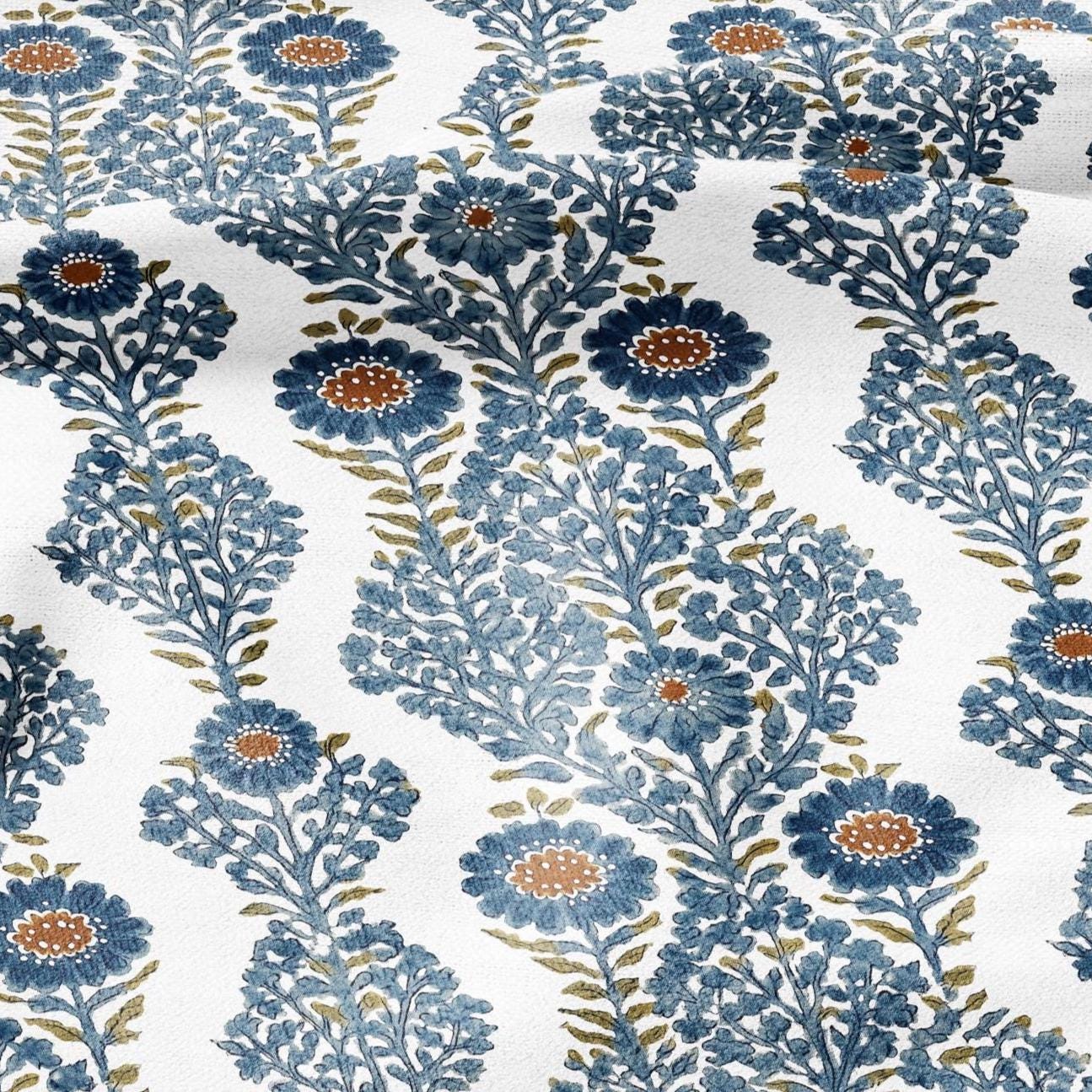 100% LINEN Fabric floral print - blue white stripe block print linen heavy for upholstery home decor - medium for dress making 2932