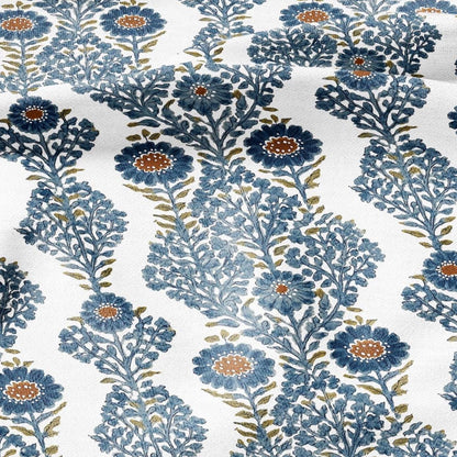 100% LINEN Fabric floral print - blue white stripe block print linen heavy for upholstery home decor - medium for dress making 2932