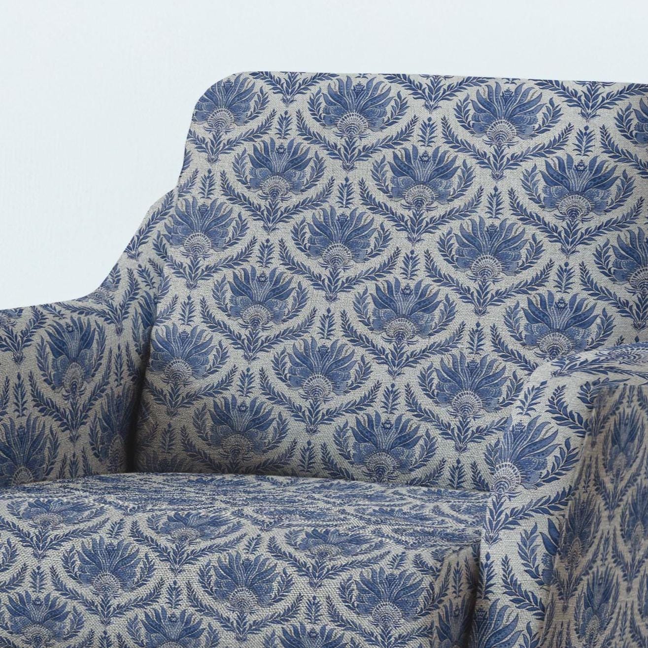 100% LINEN Fabric UPHOLSTERY 12oz - French block print blue on oatmeal linen - Modern vintage floral upholstery 305