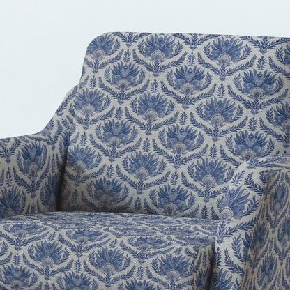 100% LINEN Fabric UPHOLSTERY 12oz - French block print blue on oatmeal linen - Modern vintage floral upholstery 305