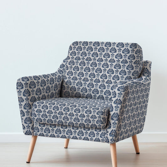 100% LINEN Fabric UPHOLSTERY 12oz - indigo blue block print on oatmeal linen- Morgan - Modern vintage Victorian floral upholstery 389