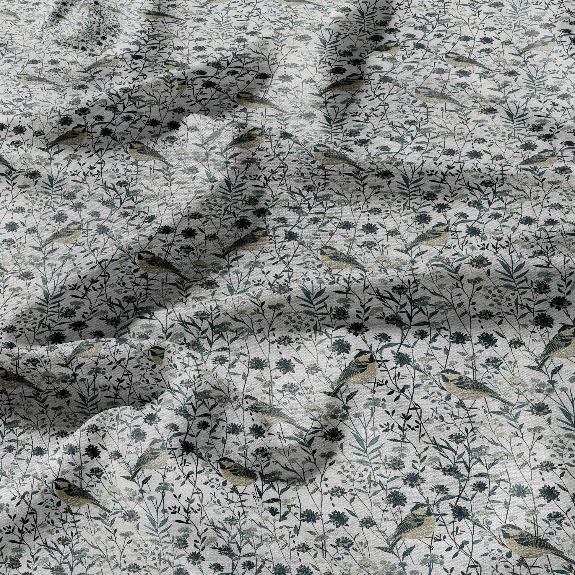 100% LINEN Fabric floral with birds meadow print -  heavy linen fabric with pale green print for upholstery home decor curtains pillowcases