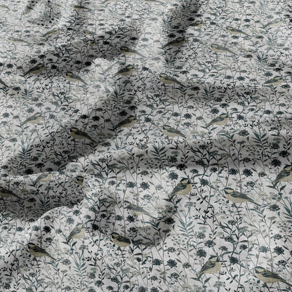 100% LINEN Fabric floral with birds meadow print -  heavy linen fabric with pale green print for upholstery home decor curtains pillowcases