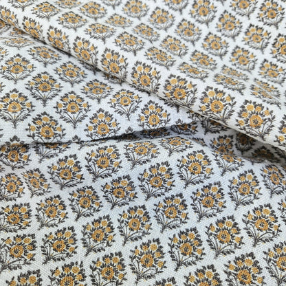 100% LINEN Fabric block print mustard brown yellow on white - heavy linen fabric upholstery home decor or medium for clothing 2513 Vadodara