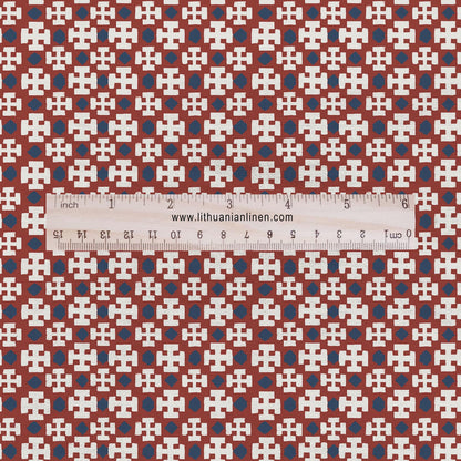 100% LINEN Fabric block Cross Fabric - indigo blue red X print on white - heavy linen fabric for upholstery home decor 2588