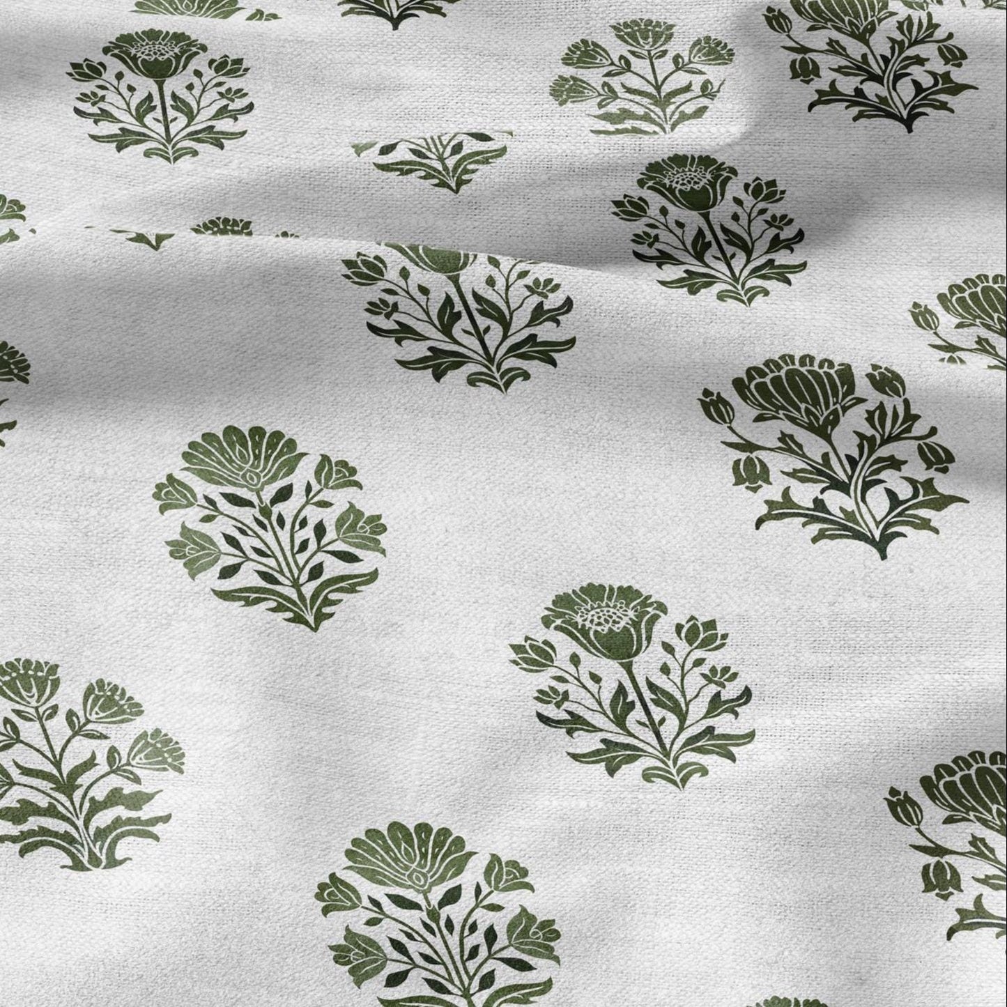 100% LINEN Fabric Block print Genda flower green - floral upholstery home textile artisan fabrics green white 2946