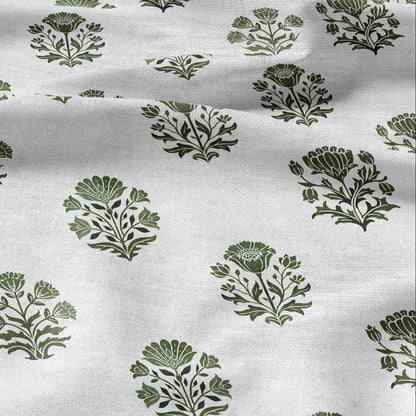 100% LINEN Fabric Block print Genda flower green - floral upholstery home textile artisan fabrics green white 2946