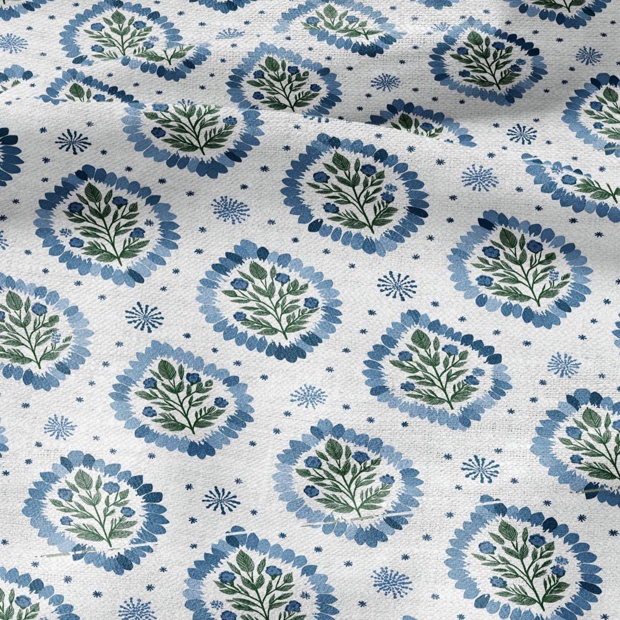 100% LINEN Fabric Block print Floral - modern vintage botanical flower upholstery home textile artisan green blue white 2762